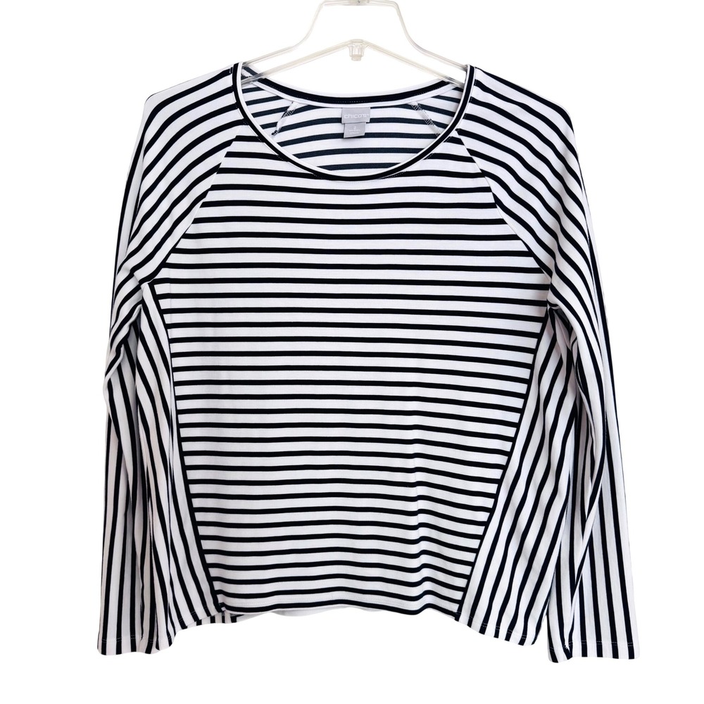 Chicos Striped Long Sleeve Top Navy White Raglan Crew Neck Size 2 Large